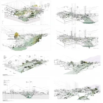 2x2对齐矩阵排版，建筑学纯黑白等宽简笔线稿，剖面轴测结合视角，山体村落水势极简黑线条，纯白无文字背景，严谨干净理性。