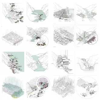【画面总体要求】 生成一张2x2矩阵排版的学术示意图。整体风格为建筑学论文的纯黑白简笔线稿（black and white line art），剖面图（cross-section）与轴测图结合视角。画面要求极其干净、严谨，背景纯白。不需要任何文字，不使用任何彩色，仅用黑色线条、留白来表达空间关系和物理冲击力。 【图面视觉约定】 山体与地形：用极简的黑色轮廓线表示。 村庄建筑：用简单的黑白线框几何体块（小方块或坡屋顶）表示。 【四个象限的具体内容】 左上角（第1象限：枕礁听海型） 剖面图。左侧是陡峭的山体，山脚下密集排列着村庄建筑。右侧是海洋。海岸线处画有防波堤和礁石平台。海浪从海面越过防波堤，猛烈砸向礁石平台。 右上角（第2象限：湾泊共生型） 剖面图。呈现一个u型的“喇叭口”海湾，两侧是山，湾底是沙滩、码头和村庄。左侧山体上山洪俯冲而下，右侧海面海水倒灌涌入，两股水势在村庄碰撞交汇。 左下角（第3象限：诗画田园型） 轴测/微透视剖面图。地势平缓，村落街巷平整，中心有一个广场。天空中下暴雨。地面硬化导致水排不出去，形成严重的内涝积水。 右下角（第4象限：丘陵山居型） 剖面图。阶梯状的山体，村庄依山而建，一条溪流从山谷穿过。绘制“溪流沿岸的步道和山间平台”圈出，溪流冲下（表示山洪），并伴随破碎的岩石块简笔画（表示山体滑坡直接砸向平台）。 【整体排版】 严格按照2x2九宫格对齐，四个画面的大小和线宽完全一致，呈现出清晰、理性的建筑学分析图矩阵。