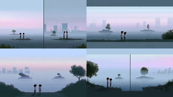 pixel art, two small lonely islands in a pale foggy sea, islands close but never connected, one tiny tree on each island, faint mist covering the water, quiet distant separation, muted blue-grey palette, no captions, no bottom bar, no overlay text, no decorative text elements, clean empty background, 16bit, lo-fi retro pixel, soft muted colour palette, subtle film grain, cinematic soft twilight light, melancholy quiet atmosphere