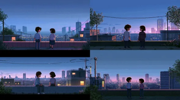 pixel art, boy and girl sitting side by side on a rooftop, clear empty space between them, distant city lights at night, cool blue sky, soft glow from buildings, relaxed but detached mood, no captions, no bottom bar, no overlay text, no decorative text elements, clean empty background, 16bit, lo-fi retro pixel, soft muted colour palette, subtle film grain, cinematic soft twilight light, melancholy quiet atmosphere