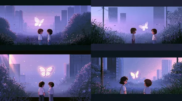 pixel art, pale glowing butterfly flickering gently in a misty garden, its brightness shifting softly, faint petals around, misty violet background, fleeting unstable emotion, delicate low saturation, no captions, no bottom bar, no overlay text, no decorative text elements, clean empty background, 16bit, lo-fi retro pixel, soft muted colour palette, subtle film grain, cinematic soft twilight light, melancholy quiet atmosphere