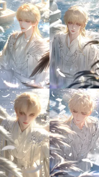 杰作，2.5d韩系动漫风格，8k高清分辨率，高角度俯视，从头部到腰部的构图，完整腰线可见，极致细节与最高画质，电影级光影，俊美的东亚青年，清晰的下颌线。外貌：光滑白皙的肌肤，浅金色层次长发，头顶蓬松，带有微风吹拂的效果；长斜刘海横掠额头，鬓角发丝精致，羽毛状的长发向肩后延伸飘散。浅灰金色眼睛，精致眼妆，淡淡的眼下腮红，神情梦幻，嘴唇闭合。服装：身穿圣洁的象牙白长袍，叠搭半透明白色垂纱，饰有星辰与羽翼图案的银色刺绣，胸前点缀精细链饰，搭配柔软的布质腰带，合身的上腰部轮廓清晰可见。动作：站在湖畔祭坛前，望向镜头，呈现宁静、超凡脱俗的静谧感。背景：神圣的水畔场景，平静的银蓝色湖面、浅色石质祭坛建筑、漂浮的光粒与朦胧晨雾。身后，明亮的圣光穿透云层，为头发和肩膀镀上天使般的光晕。前景中虚化的芦苇、飘落的羽毛与明亮散景局部遮掩画面，营造通透且层次丰富的空间纵深。半写实2.5d渲染，强烈的电影级明暗光影，干净流畅的线条。