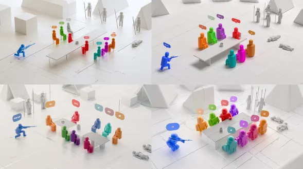 3d previs blocking diagram, professional film staging reference, matte clay geometric mannequins, simplified rounded capsule bodies, no realistic human, no faces, no clothing, 16:9 widescreen, 45-degree top-down three-quarter view. ground flat warm-grey-white with 1-meter perspective grid lines, every 5-meter line thicker. tents as simple semi-transparent white geometric wedge blocks in the background. one long rectangular grey-white table block in the midground, one small cylinder bowl on it. exactly 14 figures total, no extra people: - one blue #3b7dd8 figure crouching low on the far left, leaning forward in a sneaking pose, holding a horizontal rifle shape, label above head reads "lin" - one red #e8453c figure sitting at the center-back of the long table (main seat), label above head reads "zong" - six colored figures seated around the long table in a circle (three on each side, facing the table): orange #f2a03d, green #39a856, purple #9b59b6, teal #1abc9c, magenta #e91e63, pumpkin-orange #e67e22, each with a small label above head reading "g1" "g2" "g3" "g4" "g5" "g6" - four neutral grey #b0b0b0 figures standing, two on the left and two on the right of the background tents, holding vertical spear shapes, no labels - two grey #b0b0b0 figures lying on their backs on the ground to the right of the table, no labels floating white rounded rectangular labels above heads only for lin, zong, g1-g6, colored border, colored bold text. on the ground near camera positions place small camera icons labeled "cam 1" and "cam 2" (not floating above heads). blue dashed arrow on the ground from the blue figure toward the side of the main tent. soft neutral 5500k studio lighting from upper-left, soft shadows, matte clay material, clean technical render, shot designer style, sharp detail,