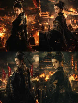 ancient chinese revenge drama poster, a noble woman in black and gold imperial robe standing on palace wall at night, looking back over her shoulder with cold piercing eyes, holding a cracked jade pendant, a hidden dagger in her sleeve, burning phoenix banners and palace fires in the background, kneeling figures below her, cinematic dramatic lighting, dark red gold and black color palette, ultra-realistic, movie poster style, 8k, intricate embroidery details,