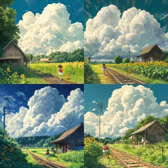 宫崎骏风格，吉卜力工作室动画场景，夏日乡村，木制小车站，铁轨穿过绿色稻田，巨大的积雨云占据天空，阳光透过云层洒下光斑，白衬衫小女孩背着红色书包沿小路奔跑，橘猫跟在身后，戴草帽的老爷爷在田埂上挥手，远处低矮木屋和向日葵，风铃挂在屋檐下，龙猫躲在树丛后露出半张脸，蝉鸣氛围，温暖治愈，手绘水彩质感，高细节，16:9