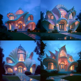 surreal organic seashell villa, art nouveau curvilinear flowing architecture, soft matte pastel pink and light cyan facade, grid stained glass dome and windows glowing with warm amber interior backlight, blue hour twilight sky at early dusk, vintage brass candle wall sconces mounted on facade, large arched stained glass double front door, short stone steps, wet cracked stone walkway, green lawn and small bushes at the foreground, dark silhouetted trees on two sides, soft moody lighting, hyperrealistic combine the above architecture design with watermelon elements to create a cute building. professional architectural photography, low angle wide shot, intricate details, 8k, photorealistic, sharp detail
