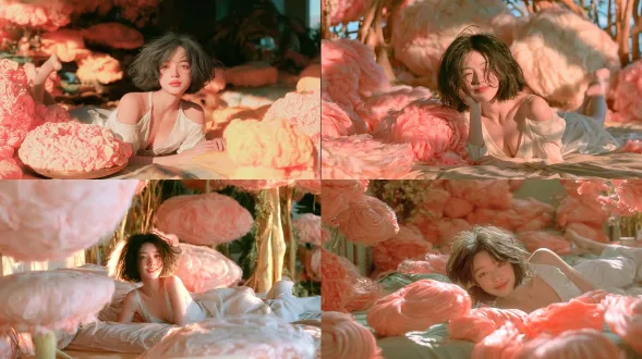 真人人像摄影，清晨，一个中国可爱的少女趴在床上（参考图1），面部线条流畅，剑眉，杏眼，柔和的鼻子，微凸的嘴唇，眼神妩媚，天鹅颈，优雅，短发碎发，露肩白色吊带深v连衣长裙，沙漏型身材，双脚向后勾起，微笑着抬头正视镜头，身体前倾，侧逆光勾勒出少女金色的轮廓线，柯达5203胶片质感，真实皮肤细节，库克s7镜头，人物全景，1.4光圈，对角线构图