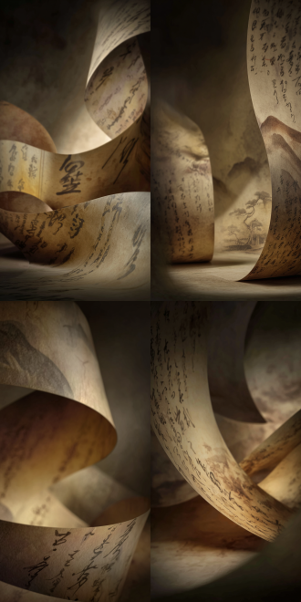 ancient chinese scrolls, calligraphy, landscape painting, soft lighting, curved shape, traditional elements, cultural heritage
