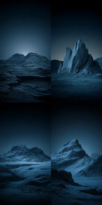 alien planet, rocky terrain, blue - toned, night sky, high contrast, detailed textures, sharp peaks