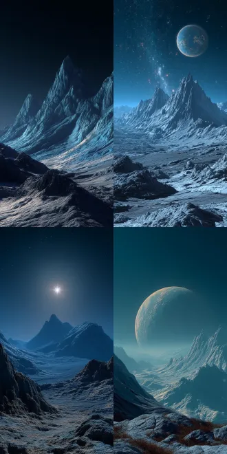 alien planet, rocky terrain, blue - toned, night sky, high contrast, detailed textures, sharp peaks