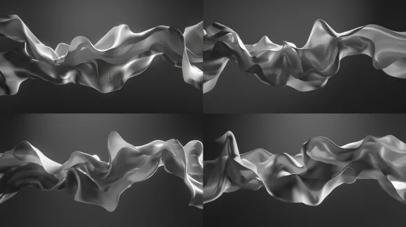 floating fabric, black and white tones, high - resolution, detailed texture, minimalist background, abstract form, smooth folds, artistic photography