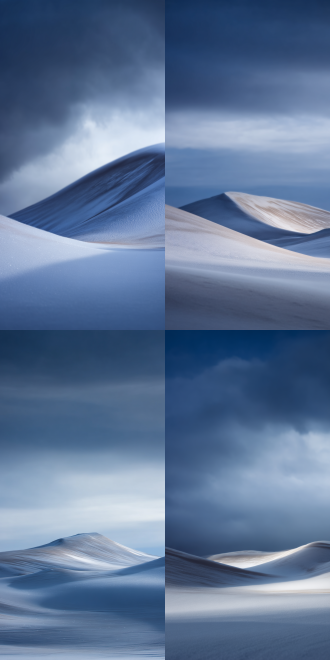 snowy sand dunes, blue sky, clouds, natural landscape, high - resolution, serene atmosphere