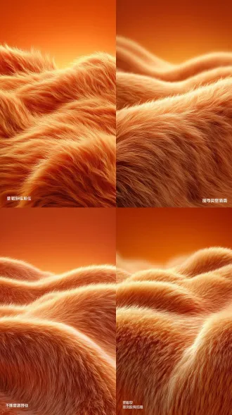 hyperrealistic macro shot of soft, fluffy orange-brown fur with wavy textures, set against a gradient orange background from deep orange to light orange. warm lighting, ultra-detailed hair strands, photorealistic rendering. conveys a sense of thermal technology, warmth and comfort, with the texture of the fur emphasizing lightness and heat retention https://cdn-uploads.qihuiai.com/images/image/20251111/10397507/49663791.jpg