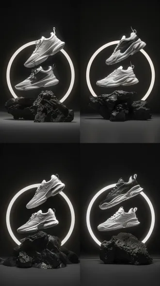 high-end fashion product photography, a pair of dad shoes (one white, one black) with retro sporty details, floating inside a glowing white circular frame. set against a pure black background, with a rough rock in the lower left and black velvet fabric with subtle sheen at the bottom. high contrast lighting, minimalist composition, photorealistic textures for the shoes (glossy and matte), rock, and velvet. cinematic atmosphere, ultra-detailed, fashion-forward vibe