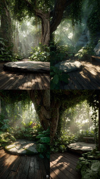 hyperrealistic natural scene, a lush tropical jungle with diverse green plants, vines, and broad leaves. a rough circular rock platform on a wooden deck, surrounded by dense foliage. a thick tree trunk with carved textures, sunbeams with tyndall effect filtering through the leaves, creating a warm and serene atmosphere. cinematic lighting, ultra-detailed textures for rocks, wood, and plants, photorealistic rendering, a tranquil nature secret spot perfect for product display