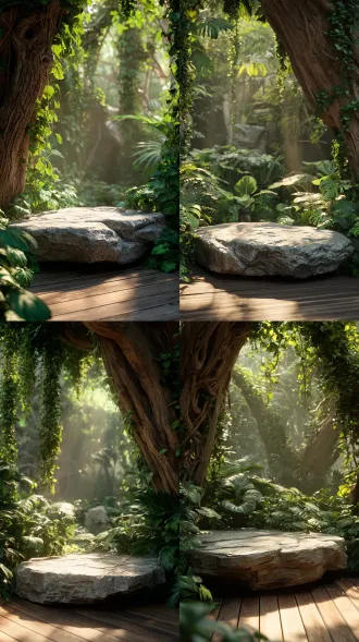 hyperrealistic natural scene, a lush tropical jungle with diverse green plants, vines, and broad leaves. a rough circular rock platform on a wooden deck, surrounded by dense foliage. a thick tree trunk with carved textures, sunbeams with tyndall effect filtering through the leaves, creating a warm and serene atmosphere. cinematic lighting, ultra-detailed textures for rocks, wood, and plants, photorealistic rendering, a tranquil nature secret spot perfect for product display