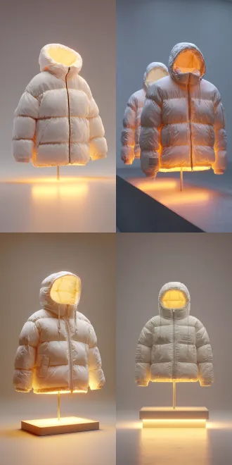 minimalist high-end fashion product photography, a cream-white puffy down jacket with a hood and quilted texture, displayed on a transparent stand. a warm yellow rectangular light source at the base (light glows through the jacket’s zipper gap), set against a light gray gradient background with a reflective metal tabletop. ultra-detailed fabric texture and stitching, soft contrast between cool background and warm light. photorealistic rendering, artistic display of luxury clothing, tranquil and stylish aesthetic vibe