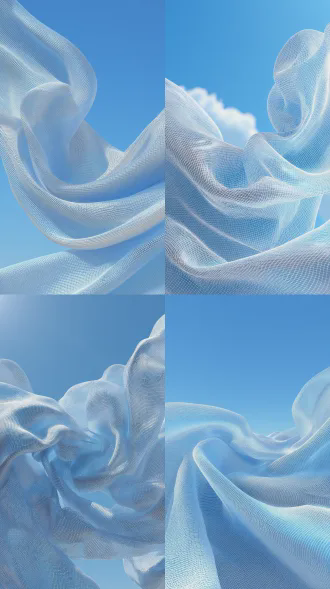 hyperrealistic minimalist fresh 3d rendering, light blue gradient fabric (with 3d grid texture, curled and twisted shape), set against a light blue sky + soft light halo background, light floating layered structure. ultra-detailed textures: fabric’s grid weave, semi- texture, soft light refraction. bright soft lighting, low-saturation light blue color palette, light and clean soft texture, fresh and healing visual experience, photorealistic rendering