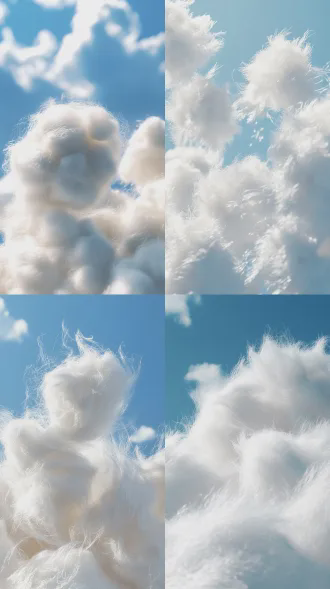 hyperrealistic close-up of fluffy, cloud-like white cotton fiber 3d rendering: the soft, voluminous cotton features fine, wispy flyaways that catch bright, natural sunlight, set against a crisp, clear blue sky. the lighting is bright and directional, emphasizing the fiber’s airy, lightweight texture and the delicate, translucent strands floating above the main mass. the high contrast between the pure white cotton and vivid blue sky creates a fresh, natural, and premium textile atmosphere, photorealistic quality