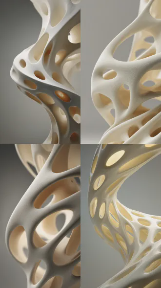 hyperrealistic 3d rendering of a fluid, parametric latex structure: a curved, undulating off-white form composed of layered, interwoven latticework with elongated oval perforations. the material has a smooth, matte-sheen latex texture, with warm, diffused light passing through the hollow openings to highlight the intricate internal layers and organic, flowing contours. the seamless, muted off-white palette and minimalist gray background emphasize the sleek, tactile, and futuristic quality of the design, photorealistic quality