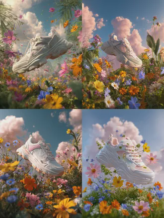 surreal product photography, a chunky white and light pink sneaker floating mid-air, surrounded by a lush vibrant jungle of colorful wildflowers (yellow, blue, orange) and green foliage, bright sunny sky with fluffy clouds in the background, soft natural lighting, dreamy atmosphere, hyper-detailed textures, 8k, ultra-realistic, shallow depth of field, sense of nature and vitality