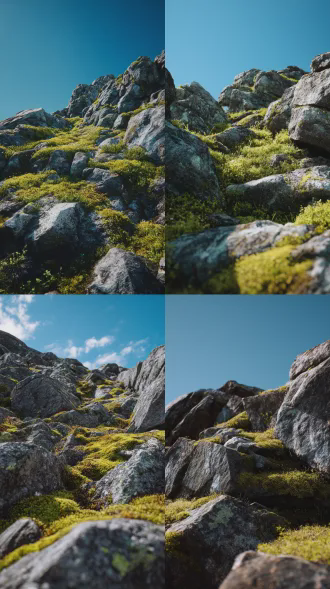 outdoor natural rocky scene, gray rocky terrain with bright green moss, clear blue sky background, bright sunny daylight. perfect background for outdoor shoes photography, commercial exterior photography, 8k high detail, no shoes, no people, no text, no watermark.