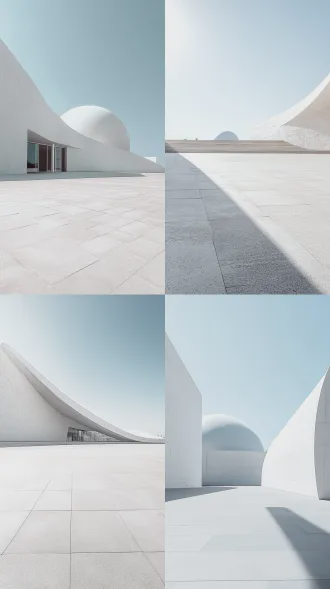 empty outdoor minimalist plaza scenery, no people, no text. smooth light gray concrete ground in the foreground with sharp, clear shadows cast by bright sunlight. a white streamlined modern building with a curved dome in the background, with clean geometric lines set against a clear cloudless blue sky. bright and lighting, clean and bright modern sports atmosphere, professional commercial photography aesthetic, low-angle shot, 8k ultra-high resolution, hyper-detailed, sharp focus, no text, no logo, no watermark.