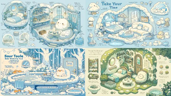 一个可爱的半拟人竖琴海豹幼崽角色的房间内景，雪白色淡蓝色和奶油色调，干净柔软，从圆形小窗透进柔和光像雪后的阳光，毛绒墙面，棉花家具，小雪球装饰，圆润空间到处都是圆形的没有尖角，圆床像一个小雪堆棉花床垫淡蓝色小毯子被子，床头圆球形小夜灯发淡蓝色光，圆沙发坐上去会陷进去旁边小雪球靠垫，圆桌放着温牛奶和小鱼干，小书架摆着圆圆的树叶书“慢慢来”系列，墙上“今日日程：1.发呆 2.晒太阳 3.发呆”，床底盒子装满捡来的圆圆小石头，窗台一排小雪球装饰，门后小镜子旁边纸条“慢慢来比较快”，角落小水盆，森林背景，苔藓，蘑菇，露珠，毛茸茸半写实风格，萌系，治愈系，低饱和马卡龙色，粗描边圆角，柔光，可爱，q版，童话风，室内场景，16:9
