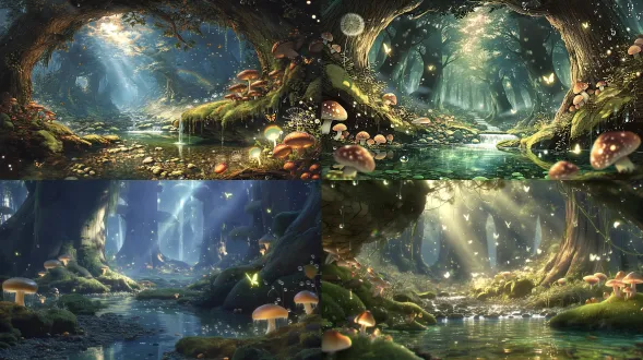 写实仙境森林，苔藓谷全景，清晨，体积光穿过树冠形成丁达尔效应，光柱里有漂浮的精灵尘，薄雾，远处朦胧近处清晰，老水杉树皮有真实裂纹裂纹里有苔藓和地衣，露珠溪清澈见底有真实水波和倒影，溪底有鹅卵石和水草，苔藓岩石表面有真实苔藓毛茸茸的挂着露珠，蘑菇广场的蘑菇有真实菌类质感伞盖有绒毛和纹路菌褶清晰，蒲公英种子真实飘浮，浆果有真实光泽和露珠，萤火虫尾部发暖黄绿光，发光蘑菇伞盖发微光，露珠折射彩虹，会动的藤蔓，空气中漂浮微小光点像尘埃但发微光，电影级质感，写实仙境，精灵世界，高级光影，真实材质，次表面散射，景深，柔光，唯美，治愈，16:9