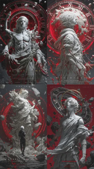 filled with an eerie yet aesthetically pleasing atmosphere, it showcases the cycle, contradiction, and philosophy of time. the past, present, and future intersect, merging the ethereal with the boundless end, where the end is also a new beginning. the scene features a deity with white hair and blue eyes existing in a non-existent four-dimensional time, surrounded by collapsing cosmic constellations, some dissipating into nothingness. replace the deity's head in the reference image with the image of gojo satoru from "jujutsu kaisen," wearing a black tight-fitting suit with a white family lord's robe (kimono) over it, and white exercise pants tied with black cloth strips as a belt. the tight-fitting suit reveals gojo satoru's handsome muscular contours. the white family lord's robe has wide sleeves and the back hem flutters like a cloak, lifted by the wind pressure generated by gojo satoru's aura. with white hair (short hair) and blue eyes, the eyes subtly emit a blue glow, exuding a mysterious and handsome charm. remove the extra limbs, leaving only the two human arms. gojo satoru's right arm hangs naturally, covered by the wide sleeves of the white kimono, while his left arm is raised to his chest, using his left hand to make the classic gesture of the powerful move "infinite void." rendered in a somber black, white, blue, and red palette, it creates a sense of mystery. the image has a semi-, flowing, glass-like texture, like a masterpiece, embodying divinity, epicness, mystery, and fantasy. remove the white english letters (watermark) at the bottom of the image.