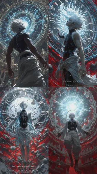 充满诡异又富有美感的氛围，展现出时间的循环、矛盾与哲理。过去、现在与未来相交错，虚幻与无边的终点相融合，末端又是新的起点。画面中有白发蓝眼的神祇处于不存在的四维时间中，周围是崩塌的宇宙星河，有的正在消散、虚无。将参考图中的神祇的头部替换成《咒术回战》五条悟的形象，黑色紧身衣外罩白色家主服（和服），下身是扎着黑色布条作为腰带的白色练功裤。紧身衣下能显示出五条悟漂亮的肌肉轮廓。外罩的白色家主服宽袍大袖，后摆像披风一样被五条悟的气势形成的风压吹起。白发（短发）蓝眼，眼睛微微发出蓝光，神秘俊美。不要三头六臂，把多余的手臂去掉，只保留人类的两条手臂即可。五条悟右臂自然下垂，被白色和服的宽大袖子遮住，左臂上抬至胸前用左手比出大招“无量空处”的经典手势。用沉郁系黑白蓝红渲染，营造出神秘感，画面具有半透明流光琉璃质感，如同杰作一般，体现神性，史诗感，神秘，奇幻。画面最下方的白色英文字母（水印）去掉。