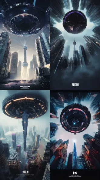 surreal scale collage, experimental electronic music festival poster set in futuristic chengdu, china, extreme worm's-eye view looking vertically upward, a colossal circular ufo occupying the vast sky, an enormous dark metallic disc with layered concentric rings, impossibly gigantic and monumental, hovering over a fragmented futuristic metropolis. towering skyscrapers rise at impossible angles from the edges of the composition, buildings sliced off by the frame, floating architectural fragments, suspended city blocks, distorted urban geometry, radical differences in scale, impossible vanishing points, surreal spatial dislocation, monumental architectural collage, dreamlike urban dystopia. chengdu tv tower appearing as a small distant landmark between fragmented skyscrapers, subtle traditional-modern architecture inspired by taikoo li, a small panda sculpture integrated into a distant rooftop, understated chengdu identity, not a tourist illustration. blade runner inspired neo-noir atmosphere, atmospheric steel blue, smoky cobalt, desaturated cyan, muted violet, dusty burgundy, occasional dim amber windows, low saturation cinematic color grading, dense blue-gray fog, drifting mist, soft diffused neon bleeding through the atmosphere, volumetric light scattering, rainy reflective surfaces, deep shadows, subtle film grain, mysterious and melancholic yet charged with underground electronic music energy. highly art-directed surreal photomontage, layered 3d architectural fragments, impossible perspective, monumental negative space, overlapping silhouettes, hard-edged cutout forms dissolving into fog, selective double exposure, fragmented reflections, analog print grain, subtle distressed textures, sophisticated editorial graphic design, asymmetrical composition, bold visual hierarchy, avant-garde electronic music festival key visual, contemporary art poster, cinematic cgi mixed with experimental collage, striking but restrained, atmospheric, sophisticated, immersive, visually unconventional, designed image rather than a photograph, no oversaturated neon, no rainbow colors, no conventional symmetrical cityscape, no cute sci-fi illustration, no text, no typography, no watermark