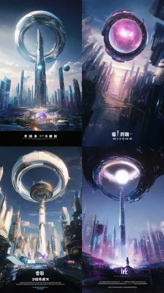 futuristic electronic music festival key visual, surreal architectural scale collage, a magnificent utopian cyberpunk metropolis inspired by chengdu, china, viewed from an extreme low angle looking up into the sky, towering elegant futuristic skyscrapers rising dramatically from both sides, a gigantic circular alien spacecraft floating above the city, monumental sculptural ring structure surrounding a luminous spherical core, sophisticated futuristic industrial design, oversized celestial object contrasting with elegant city architecture, impossible architectural perspectives, layered urban structures, dynamic overlapping buildings, floating elevated skybridges, surreal spatial composition, visually spectacular and dreamlike. bright luminous atmosphere, radiant twilight sky, soft atmospheric haze, airy mist, luminous clouds, diffused cinematic sunlight, pearlescent reflections, polished silver architecture, translucent glass facades, iridescent metallic surfaces, elegant gradients of sky blue, ice blue, lavender, lilac, soft violet and subtle rose pink, delicate magenta highlights, restrained warm champagne gold accents, balanced multicolor lighting, medium-high brightness, luminous midtones, soft highlights, rich but refined colors, pastel neon glow, clear architectural details, open and expansive atmosphere, visually uplifting, energetic, youthful, optimistic and futuristic. premium chinese technology campaign aesthetic, sophisticated 3d cgi, surreal photomontage, architectural collage, monumental scale contrast, dramatic upward perspective, layered visual depth, carefully art-directed composition, clean geometric forms, glossy futuristic materials, subtle atmospheric bloom, cinematic yet commercial, polished high-end advertising visual, contemporary electronic music festival poster, futuristic urban fantasy, a balance of realism and surrealism, highly detailed, elegant visual hierarchy, sophisticated graphic design, generous negative space for poster typography. chengdu tv tower subtly integrated into the distant skyline, contemporary traditional-modern architecture inspired by taikoo li, a small panda sculpture incorporated naturally into a rooftop or architectural facade, recognizable local identity without dominating the composition. bright and airy, luminous rather than dark, dreamy rather than dystopian, visually rich but uncluttered, elegant and spectacular, no oppressive darkness, no gloomy dystopian mood, no horror aesthetic, no dirty grunge, no excessive fog, no crushed blacks, no oversaturated neon, no harsh rainbow colors, no distressed collage, no chaotic glitch effects, no text, no typography, no watermark
