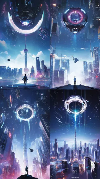 futuristic electronic music festival key visual, surreal architectural scale collage, a magnificent utopian cyberpunk metropolis inspired by chengdu, china, viewed from an extreme low angle looking up into the sky, towering elegant futuristic skyscrapers rising dramatically from both sides, a gigantic circular alien spacecraft floating above the city, monumental sculptural ring structure surrounding a luminous spherical core, sophisticated futuristic industrial design, oversized celestial object contrasting with elegant city architecture, impossible architectural perspectives, layered urban structures, dynamic overlapping buildings, floating elevated skybridges, surreal spatial composition, visually spectacular and dreamlike. bright luminous atmosphere, radiant twilight sky, soft atmospheric haze, airy mist, luminous clouds, diffused cinematic sunlight, pearlescent reflections, polished silver architecture, translucent glass facades, iridescent metallic surfaces, elegant gradients of sky blue, ice blue, lavender, lilac, soft violet and subtle rose pink, delicate magenta highlights, restrained warm champagne gold accents, balanced multicolor lighting, medium-high brightness, luminous midtones, soft highlights, rich but refined colors, pastel neon glow, clear architectural details, open and expansive atmosphere, visually uplifting, energetic, youthful, optimistic and futuristic. premium chinese technology campaign aesthetic, sophisticated 3d cgi, surreal photomontage, architectural collage, monumental scale contrast, dramatic upward perspective, layered visual depth, carefully art-directed composition, clean geometric forms, glossy futuristic materials, subtle atmospheric bloom, cinematic yet commercial, polished high-end advertising visual, contemporary electronic music festival poster, futuristic urban fantasy, a balance of realism and surrealism, highly detailed, elegant visual hierarchy, sophisticated graphic design, generous negative space for poster typography. chengdu tv tower subtly integrated into the distant skyline, contemporary traditional-modern architecture inspired by taikoo li, a small panda sculpture incorporated naturally into a rooftop or architectural facade, recognizable local identity without dominating the composition. bright and airy, luminous rather than dark, dreamy rather than dystopian, visually rich but uncluttered, elegant and spectacular, no oppressive darkness, no gloomy dystopian mood, no horror aesthetic, no dirty grunge, no excessive fog, no crushed blacks, no oversaturated neon, no harsh rainbow colors, no distressed collage, no chaotic glitch effects, no text, no typography, no watermark