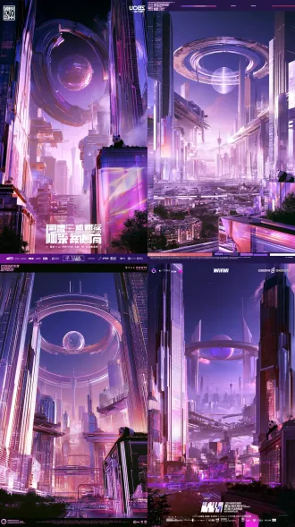 futuristic electronic music festival key visual, surreal architectural scale collage, a magnificent utopian cyberpunk metropolis inspired by chengdu, china, viewed from an extreme low angle looking up into the sky, towering elegant futuristic skyscrapers rising dramatically from both sides, a gigantic circular alien spacecraft floating above the city, monumental sculptural ring structure surrounding a luminous spherical core, sophisticated futuristic industrial design, oversized celestial object contrasting with elegant city architecture, impossible architectural perspectives, layered urban structures, dynamic overlapping buildings, floating elevated skybridges, surreal spatial composition, visually spectacular and dreamlike. bright luminous atmosphere, radiant twilight sky, soft atmospheric haze, airy mist, luminous clouds, diffused cinematic sunlight, pearlescent reflections, polished silver architecture, translucent glass facades, iridescent metallic surfaces, elegant gradients of sky blue, ice blue, lavender, lilac, soft violet and subtle rose pink, delicate magenta highlights, restrained warm champagne gold accents, balanced multicolor lighting, medium-high brightness, luminous midtones, soft highlights, rich but refined colors, pastel neon glow, clear architectural details, open and expansive atmosphere, visually uplifting, energetic, youthful, optimistic and futuristic. premium chinese technology campaign aesthetic, sophisticated 3d cgi, surreal photomontage, architectural collage, monumental scale contrast, dramatic upward perspective, layered visual depth, carefully art-directed composition, clean geometric forms, glossy futuristic materials, subtle atmospheric bloom, cinematic yet commercial, polished high-end advertising visual, contemporary electronic music festival poster, futuristic urban fantasy, a balance of realism and surrealism, highly detailed, elegant visual hierarchy, sophisticated graphic design, generous negative space for poster typography. chengdu tv tower subtly integrated into the distant skyline, contemporary traditional-modern architecture inspired by taikoo li, a small panda sculpture incorporated naturally into a rooftop or architectural facade, recognizable local identity without dominating the composition. bright and airy, luminous rather than dark, dreamy rather than dystopian, visually rich but uncluttered, elegant and spectacular, no oppressive darkness, no gloomy dystopian mood, no horror aesthetic, no dirty grunge, no excessive fog, no crushed blacks, no oversaturated neon, no harsh rainbow colors, no distressed collage, no chaotic glitch effects, no text, no typography, no watermark