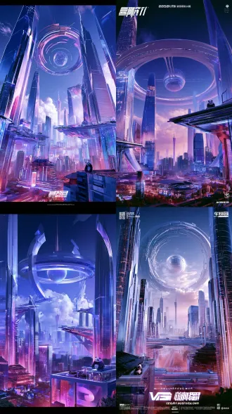 futuristic electronic music festival key visual, surreal architectural scale collage, a magnificent utopian cyberpunk metropolis inspired by chengdu, china, viewed from an extreme low angle looking up into the sky, towering elegant futuristic skyscrapers rising dramatically from both sides, a gigantic circular alien spacecraft floating above the city, monumental sculptural ring structure surrounding a luminous spherical core, sophisticated futuristic industrial design, oversized celestial object contrasting with elegant city architecture, impossible architectural perspectives, layered urban structures, dynamic overlapping buildings, floating elevated skybridges, surreal spatial composition, visually spectacular and dreamlike. bright luminous atmosphere, radiant twilight sky, soft atmospheric haze, airy mist, luminous clouds, diffused cinematic sunlight, pearlescent reflections, polished silver architecture, translucent glass facades, iridescent metallic surfaces, elegant gradients of sky blue, ice blue, lavender, lilac, soft violet and subtle rose pink, delicate magenta highlights, restrained warm champagne gold accents, balanced multicolor lighting, medium-high brightness, luminous midtones, soft highlights, rich but refined colors, pastel neon glow, clear architectural details, open and expansive atmosphere, visually uplifting, energetic, youthful, optimistic and futuristic. premium chinese technology campaign aesthetic, sophisticated 3d cgi, surreal photomontage, architectural collage, monumental scale contrast, dramatic upward perspective, layered visual depth, carefully art-directed composition, clean geometric forms, glossy futuristic materials, subtle atmospheric bloom, cinematic yet commercial, polished high-end advertising visual, contemporary electronic music festival poster, futuristic urban fantasy, a balance of realism and surrealism, highly detailed, elegant visual hierarchy, sophisticated graphic design, generous negative space for poster typography. chengdu tv tower subtly integrated into the distant skyline, contemporary traditional-modern architecture inspired by taikoo li, a small panda sculpture incorporated naturally into a rooftop or architectural facade, recognizable local identity without dominating the composition. bright and airy, luminous rather than dark, dreamy rather than dystopian, visually rich but uncluttered, elegant and spectacular, no oppressive darkness, no gloomy dystopian mood, no horror aesthetic, no dirty grunge, no excessive fog, no crushed blacks, no oversaturated neon, no harsh rainbow colors, no distressed collage, no chaotic glitch effects, no text, no typography, no watermark