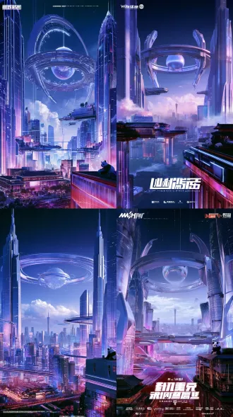 futuristic electronic music festival key visual, surreal architectural scale collage, a magnificent utopian cyberpunk metropolis inspired by chengdu, china, viewed from an extreme low angle looking up into the sky, towering elegant futuristic skyscrapers rising dramatically from both sides, a gigantic circular alien spacecraft floating above the city, monumental sculptural ring structure surrounding a luminous spherical core, sophisticated futuristic industrial design, oversized celestial object contrasting with elegant city architecture, impossible architectural perspectives, layered urban structures, dynamic overlapping buildings, floating elevated skybridges, surreal spatial composition, visually spectacular and dreamlike. bright luminous atmosphere, radiant twilight sky, soft atmospheric haze, airy mist, luminous clouds, diffused cinematic sunlight, pearlescent reflections, polished silver architecture, translucent glass facades, iridescent metallic surfaces, elegant gradients of sky blue, ice blue, lavender, lilac, soft violet and subtle rose pink, delicate magenta highlights, restrained warm champagne gold accents, balanced multicolor lighting, medium-high brightness, luminous midtones, soft highlights, rich but refined colors, pastel neon glow, clear architectural details, open and expansive atmosphere, visually uplifting, energetic, youthful, optimistic and futuristic. premium chinese technology campaign aesthetic, sophisticated 3d cgi, surreal photomontage, architectural collage, monumental scale contrast, dramatic upward perspective, layered visual depth, carefully art-directed composition, clean geometric forms, glossy futuristic materials, subtle atmospheric bloom, cinematic yet commercial, polished high-end advertising visual, contemporary electronic music festival poster, futuristic urban fantasy, a balance of realism and surrealism, highly detailed, elegant visual hierarchy, sophisticated graphic design, generous negative space for poster typography. chengdu tv tower subtly integrated into the distant skyline, contemporary traditional-modern architecture inspired by taikoo li, a small panda sculpture incorporated naturally into a rooftop or architectural facade, recognizable local identity without dominating the composition. bright and airy, luminous rather than dark, dreamy rather than dystopian, visually rich but uncluttered, elegant and spectacular, no oppressive darkness, no gloomy dystopian mood, no horror aesthetic, no dirty grunge, no excessive fog, no crushed blacks, no oversaturated neon, no harsh rainbow colors, no distressed collage, no chaotic glitch effects, no text, no typography, no watermark