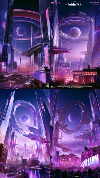 futuristic electronic music festival key visual, surreal architectural scale collage, a magnificent utopian cyberpunk metropolis inspired by chengdu, china, viewed from an extreme low angle looking up into the sky, towering elegant futuristic skyscrapers rising dramatically from both sides, a gigantic circular alien spacecraft floating above the city, monumental sculptural ring structure surrounding a luminous spherical core, sophisticated futuristic industrial design, oversized celestial object contrasting with elegant city architecture, impossible architectural perspectives, layered urban structures, dynamic overlapping buildings, floating elevated skybridges, surreal spatial composition, visually spectacular and dreamlike. bright luminous atmosphere, radiant twilight sky, soft atmospheric haze, airy mist, luminous clouds, diffused cinematic sunlight, pearlescent reflections, polished silver architecture, translucent glass facades, iridescent metallic surfaces, elegant gradients of sky blue, ice blue, lavender, lilac, soft violet and subtle rose pink, delicate magenta highlights, restrained warm champagne gold accents, balanced multicolor lighting, medium-high brightness, luminous midtones, soft highlights, rich but refined colors, pastel neon glow, clear architectural details, open and expansive atmosphere, visually uplifting, energetic, youthful, optimistic and futuristic. premium chinese technology campaign aesthetic, sophisticated 3d cgi, surreal photomontage, architectural collage, monumental scale contrast, dramatic upward perspective, layered visual depth, carefully art-directed composition, clean geometric forms, glossy futuristic materials, subtle atmospheric bloom, cinematic yet commercial, polished high-end advertising visual, contemporary electronic music festival poster, futuristic urban fantasy, a balance of realism and surrealism, highly detailed, elegant visual hierarchy, sophisticated graphic design, generous negative space for poster typography. chengdu tv tower subtly integrated into the distant skyline, contemporary traditional-modern architecture inspired by taikoo li, a small panda sculpture incorporated naturally into a rooftop or architectural facade, recognizable local identity without dominating the composition. bright and airy, luminous rather than dark, dreamy rather than dystopian, visually rich but uncluttered, elegant and spectacular, no oppressive darkness, no gloomy dystopian mood, no horror aesthetic, no dirty grunge, no excessive fog, no crushed blacks, no oversaturated neon, no harsh rainbow colors, no distressed collage, no chaotic glitch effects, no text, no typography, no watermark