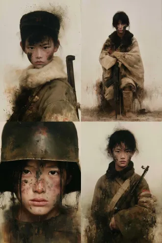 把画面中的人物，根据画面的光先感觉和构图，改为油画中的经过战斗后脸上有爆炸产生的黑灰和泥浆的东北抗联的14岁女战士