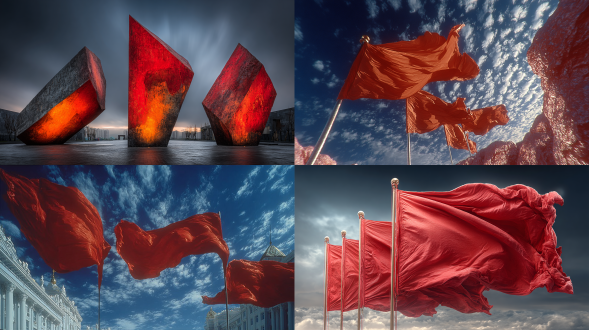 三面红旗雕塑，随风飘扬，体块化形态设计，重叠排放，大气恢弘，城市广场背景，蓝天白云，仰视视角，广角镜头，高对比度，鲜艳红色，强侧光照射，动态模糊效果，金属质感，现代主义风格，壮观，威严，革命精神象征