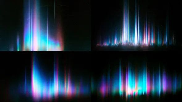 abstract iridescent chromatic dispersion audio waveform visualization, vertically stretched blurred rainbow light streaks, gradient cyan blue purple pink spectrum color, grainy retro film texture, deep jet black space background, tiny scattered star specks, faint thin curved satellite orbital lines, soft motion blur, subtle glitch art effect, dark minimalist atmospheric, no extra elements