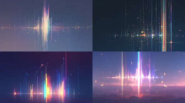 abstract iridescent chromatic dispersion audio waveform visualization, vertically stretched blurred rainbow light streaks, gradient cyan blue purple pink spectrum color, grainy retro film texture, deep jet black space background, tiny scattered star specks, faint thin curved satellite orbital lines, soft motion blur, subtle glitch art effect, dark minimalist atmospheric, no extra elements