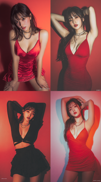 一位年轻的东亚女性，拥有精致的五官、棕色长发（碎发修饰脸型），身材火辣，曲线玲珑。 服装搭配：身穿深v抹胸包臀裙；佩戴细链项链，一手扶脑后一手扶腰，抬胯，站立姿势，腿向前微微弯曲， 风格：采用低角度仰拍视角，画面呈现 “纯欲风” 风格，光影明亮通透，色彩鲜艳清新