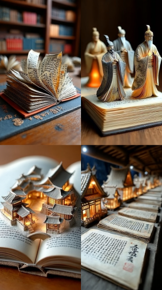 古风古书，对称构图，古朴典雅风格，木质书房，暖黄灯光，长焦镜头，柔和影调，古书摊开，棕褐主色，静谧氛围。