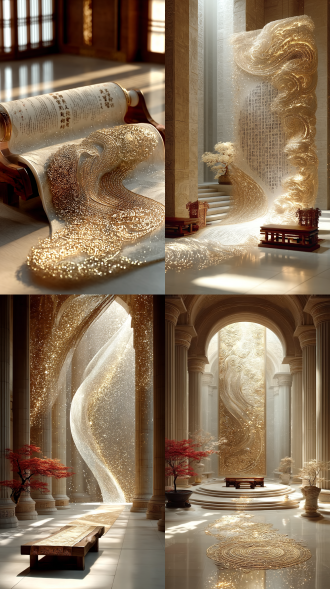 推背图展开，居中布局，古朴书房，暖黄灯光，复古色调，长焦镜头，慢快门，神秘氛围，庄重情感。