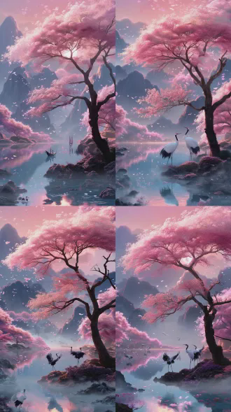 中国水墨超现实风景，4k超清，电影级古风玄幻，3d立体渲染，水墨禅意风格，柔和光影，层次立体，全景构图，远山流水云雾缭绕，仙鹤飞舞，冷色调，广角镜头，景深效果，氛围宁静，禅意空灵，超高清细节，电影灯光。