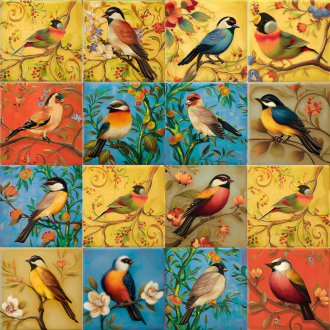 手绘油画风格欧式花鸟风格画，鸟姿灵活，眼睛精神，突出细节，4格图，神态各不一样，4k无损高清图片