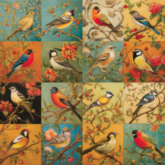 手绘油画风格欧式花鸟风格画，鸟姿灵活，眼睛精神，突出细节，神态各不一样，4k无损高清图片