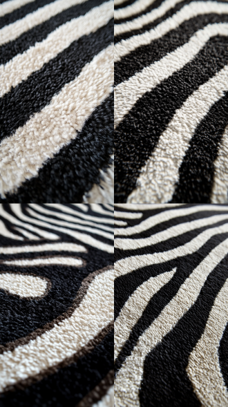 一张斑马条纹地毯的特写贴图，黑白条纹带有细微的棕色底纹，对称且重复的图案，高对比度，艺术感，极简主义装饰，羊毛纹理。