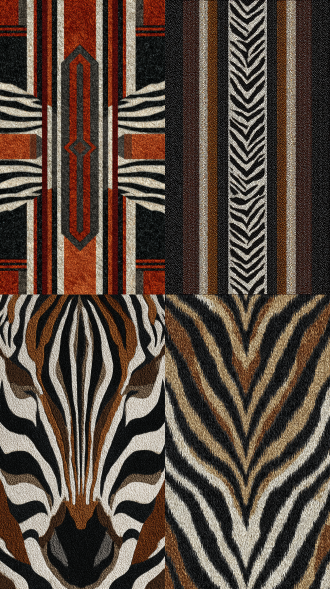 受装饰艺术启发的斑马条纹地毯图案，由黑、白和浓郁的棕色组成的完美对称构图，高对比度，奢华质感，可重复的无缝图案。